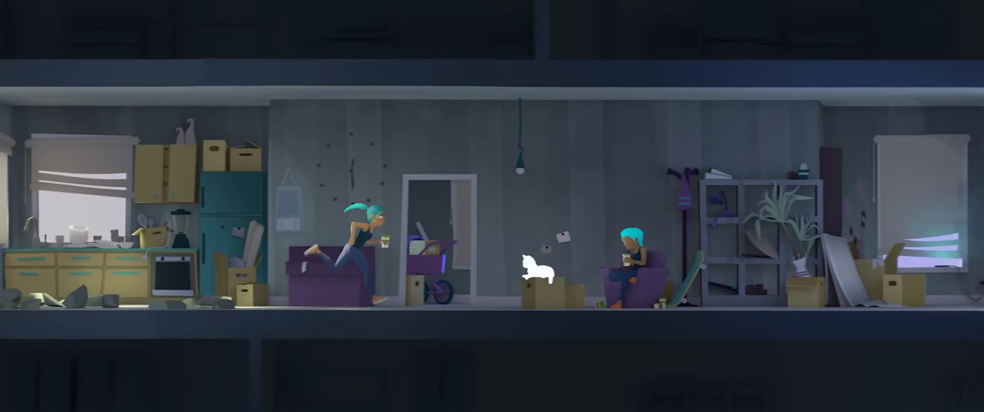 Animated character in a stylized interior